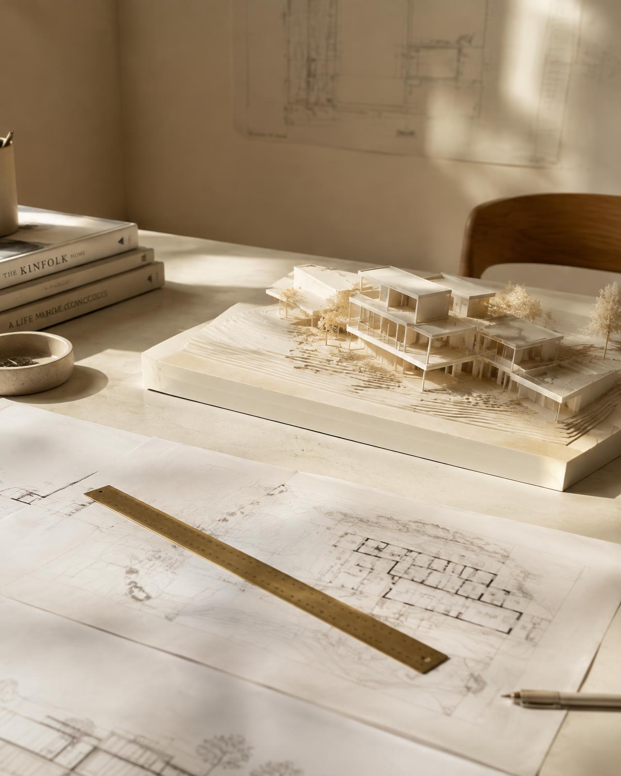 Architectural model and drawings on a studio desk