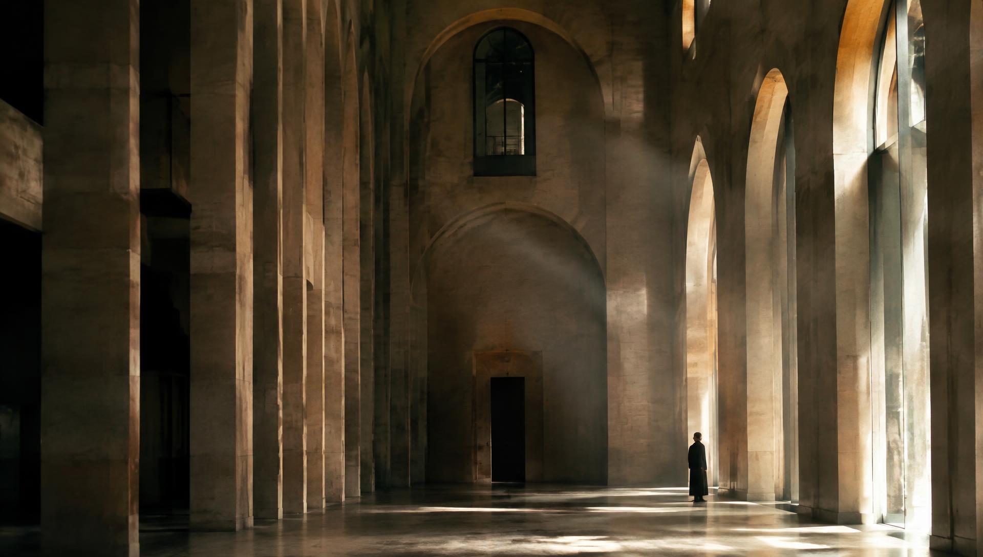 Stone atrium with tall arches and soft light