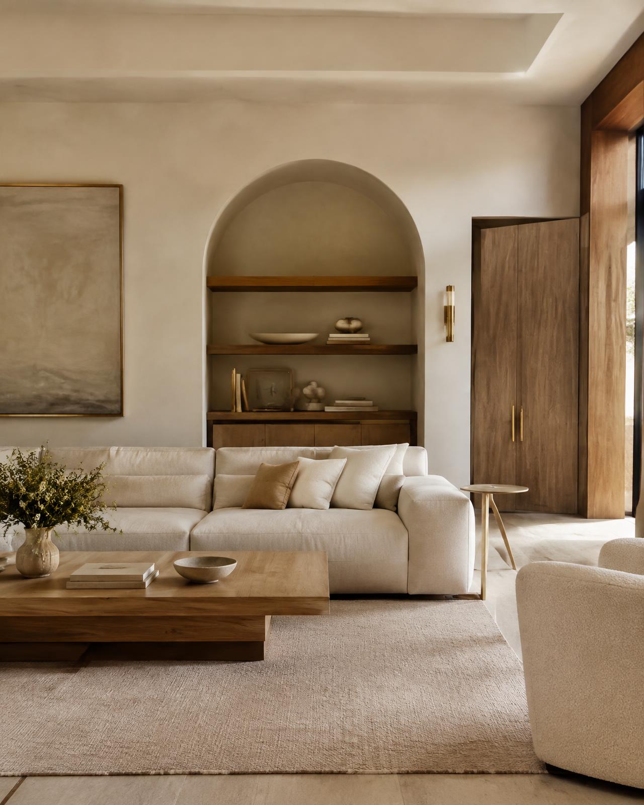 Refined ivory living room with arched niche